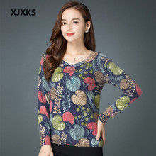 XJXKS High-end rabbit velvet blend loose plus size printed sweater women autumn 2018 new fashion V-neck winter women sweater 2024 - buy cheap