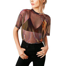 Camiseta feminina transparente casual, camiseta feminina transparente de malha pura 2024 - compre barato