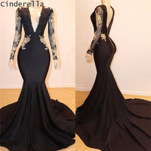 Cinderella Black V-Neck Long Sleeves Mermaid Long Train Lace Applique Crystal Satin Pleated Prom Dresses Lace Prom Party Gown 2024 - buy cheap