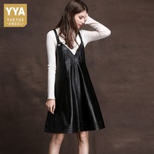 Genuine Leather V-Neck Dress Female Solid Black Sheepskin Spaghetti Strap Dress Streetwear Sleeveless Loose A-Line Dress M-3XL 2024 - buy cheap