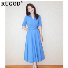 RUGOD Solid High Waist Women Maxi Dress Turn-down Collar Elegant Summer a Line Office Ladies Chic Modis Femme Vestido Verano 2024 - buy cheap