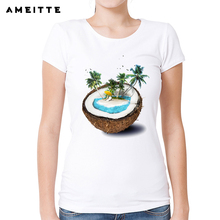 2019 AMEITTE Coconut design sea paradise T-Shirt Summer Women's Hipster White Printed Comfortable Female Tops Tee 2024 - buy cheap