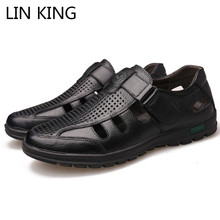 LIN KING-sandalias de piel auténtica para hombre, zapatos informales de verano, transpirables, para exteriores, para playa, talla grande 2024 - compra barato