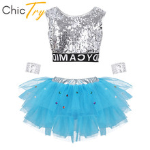 ChicTry Kids Girls Sequins Metallic Crop Top with Mesh Ballet Tutu Skirt Set Children Modern Stage Hip Hop Jazz Dance Costumes 2024 - buy cheap
