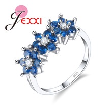 Novo elegante azul redondo strass anel de flor para o casamento noivado mulheres senhoras multa 925 prata esterlina jóias banda 2024 - compre barato