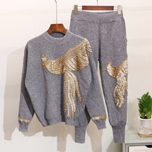 Autumn Women 2 Pieces Sweater Suits Handmade Beading Sequined Phoenix Pattern Knitted Pullover Tops Casual Trousers 2024 - buy cheap