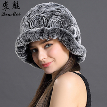 Real Fur Hats Knitted Floral Rex Rabbit Fur Lovely Hat Girls Caps For Women Luxury Brand Women 2018 New Russian Winter Hat Caps 2024 - buy cheap