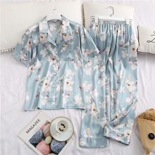 Sexy Silk Satin Women Pajamas Set Printing Pattern Rayon Sleepwear Summer Short Sleeve Pants Suit Nightwear Home Clothing 2024 - buy cheap