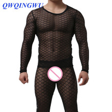 Sexy Men Undershirt Underwear Long Sleeves O-Neck Mesh Fishnet Transparent Sleepwear Nightwear Mesh Underwear Undershirts 2024 - buy cheap