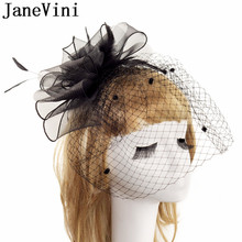JaneVini, Черные Свадебные шляпы и вуалетки для невесты, головной убор с перьями, сетчатая вуаль для птиц, женская шляпа для свадебной вечеринки, аксессуары 2024 - купить недорого