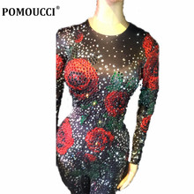 Women New Sexy Black Jumpsuit Full Of Colorful Sparkling Crystals Bodysuit 3D Printed Roses Nightclub Party Dancer Stage Wear 2024 - buy cheap