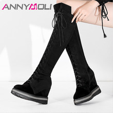 Annymoli queda de couro real joelho botas altas mulheres vaca camurça plataforma cunha saltos altos botas zip super salto alto sapatos senhora inverno 2024 - compre barato