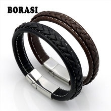 Top Quality Genuine Leather Bracelet Men Stainless Steel Leather Braid Bracelet With Magnetic Buckle Clasp pulseiras masculina 2024 - buy cheap