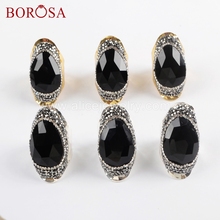 BOROSA 5PCS Fashion Gold/Silver Color Rhinestone Paved Black Agates Faced Stone Ring Druzy Rings Party Jewelry for Women JAB954 2024 - buy cheap