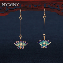 MYWINY New  fashion jewelry Cloisonne Lotus flowers earrings women, Chinese wind enamel long hook earrings red 2024 - buy cheap