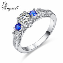 Lingmei Exquisite Cocktail Female Round Cut White & Blue Zircon Silver Color Ring Size 6 7 8 9 Wedding Bride Jewelry Gifts 2024 - buy cheap
