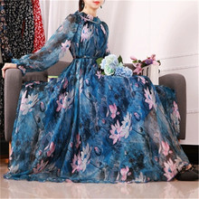 French platter Dress 2019 New Long-Sleeved Loose Dress Floral Chiffon Female Large Size Round Neck Blue Spring Women's Dress W21 2024 - buy cheap