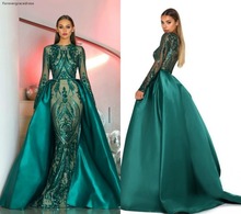 Luxury Long Sleeves Green Prom Dresses 2019 Mermaid Detachable Train Graduation Wear Evening Party Gowns Plus Size Custom Made 2024 - buy cheap