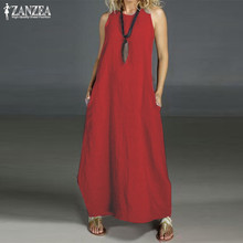 2022 ZANZEA Casual Maxi Vestidos Womens Summer Sundress Vintage O Neck Sleeveless Baggy Tank Dress Robe  Cotton Dress 2024 - buy cheap