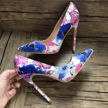 Zapatos de boda de 10cm para mujer, calzado de fiesta con estampado de flores, sin cordones, tacones altos finos de 12cm, 8cm 2024 - compra barato