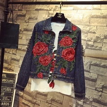 2021 Spring Autumn New Women's Embroidery Red Rose Short Denim Jacket Coat Hole Long Sleeve Skinny Dark Blue Jeans Coats Outfits 2024 - buy cheap