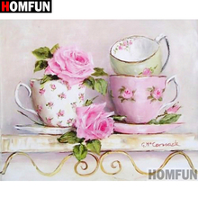 HOMFUN-pintura de diamante 5D DIY "taza de té de flores", cuadrados o redondos de imitación bordado de diamantes, estilo punto de cruz 3D, decoración del hogar, A09531 2024 - compra barato