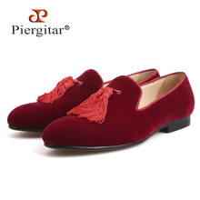 Piergitar brand new burgundy color velvet men handmade shoes Party and Wedding men tassel loafers plus size men's dress shoes 2024 - buy cheap