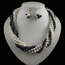 Loja de jóias de Pérolas únicas Mulheres Presente Perfeito 5 linhas Azul Cristal Branco Genuine Água Doce Pérola Colar Conjunto de Jóias Brincos 2024 - compre barato