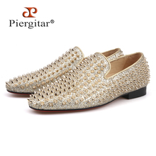 Piergitar 2018 Handmade gold spikes shoes luxurious men leather loafers Fashion Party and wedding men's casual shoes plus size 2024 - buy cheap