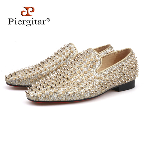 Piergitar 2018 Handmade gold spikes shoes luxurious men leather loafers Fashion Party and wedding men's casual shoes plus size 2022 - buy cheap