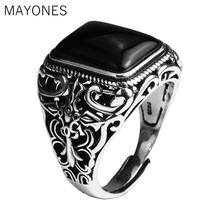 Genuine 925 Sterling Silver Vintage Rings For Men Natural Black Onyx Stone Square Shape Hollow Cross Flower Carved Punk Jewelry 2024 - buy cheap