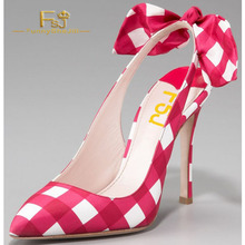 FSJ Red and White Plaid Bow Slingback Stiletto Heel Women Pumps Sweet Pointy Toe Date Party Cute Ladies Shoes 2022 Spring Autumn 2024 - buy cheap