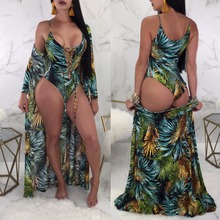 IASKY 2018 New One Piece Swimsuit with Beach Cover-Ups sexy women Green Leave Print Swimwear Bathing Suit 2PCS/SET 2024 - buy cheap