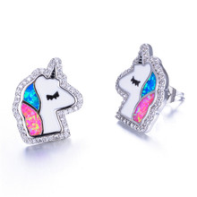 Boho Female Blue Pink Fire Opal Earrings Silver Color Small Unicorn Stud Earrings For Women 2019 Valentine's Day Gifts 2024 - buy cheap