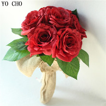 Yo cho buquê de casamento vermelho artesanal, flor artificial, buquê de noiva para decoração de casamento 2024 - compre barato