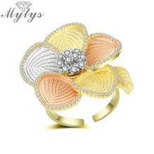 Mytys трехтонное Золотое Открытое кольцо с цветком, желтое серебро, розовое золото, цветное кольцо на палец для женщин, регулируемое массивное кольцо R2061 2024 - купить недорого
