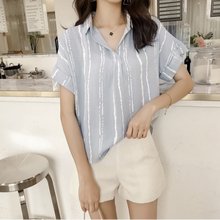 Women's summer 2019 new large size fashion casual loose cover belly shirt cotton and linen striped short-sleeved shirt 2024 - buy cheap