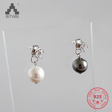 Pendientes 100% Plata de Ley 925 pura para mujer, Perla Negra/blanca con circonita, Joyería Moderna 2024 - compra barato