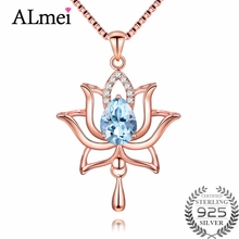 Almei 1.2ct розовое золото цвет светильник в форме цветка лотоса небесно-голубой топаз кулон ожерелье 925 стерлингового серебра ювелирные изделия с коробкой цепи CN054 2024 - купить недорого