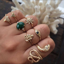 Anel de dedo feminino de ouro, conjunto de anéis da moda com formato de cobra e flor de buda, 7 peças e 1 conjunto 2024 - compre barato