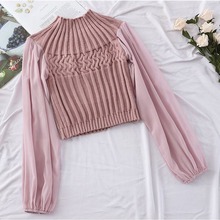 Hot 2019 New Arrival Ladies Knit Stitching Lantern Sleeve Blouse Pullover Female Shirts Women Fashion Clothes 2024 - buy cheap