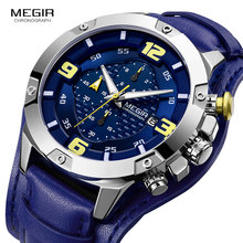 MEGIR Men's Army Sports Chronograph Quartz Watches 2019 New Leather Band Luminous Waterproof Wrist Watch for Man 2099 Blue Clock 2024 - buy cheap