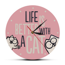 Relógio de parede moderno com gato, a vida é melhor com um gato, citação, adorável, rosa, decoração de parede, amantes de gatos, presente de aquecimento 2024 - compre barato