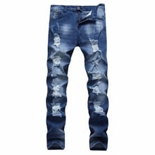 New Men's Jean Ripped Hole Distressed Biker Jeans for Men  Stretch Pants Straight New Brand Slim Jeans Plus Size 40 42 2024 - buy cheap