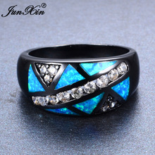 JUNXIN Bohemian Female Black Gold Zircon Ring Blue Fire Opal Round Ring Vintage Wedding Rings For Women Bague Femme 2024 - buy cheap