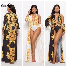 Iasky retro impressão profunda decote em v um pedaço maiô + praia cover ups conjunto 2019 novo sexy feminino roupa de banho & cobrir 2 pcs/s 2024 - compre barato