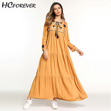 Summer Casual Maxi Women Embroidery Dress Long Sleeve Yellow Floor Length Cotton Loose Long Dresses Boho Fashion 2018 New Sale 2024 - buy cheap