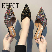 EFFGT Women Summer High Heel Mules Slippers Ladies Pointed Toe Strange Style Rivet single Shoes Fashion sequin slipper sandals 2024 - buy cheap