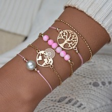 Fashion Exquisite Ornament Faux Pearl Stone Beaded Bracelet Hollow Carved Flower Heart Shape Tree Women's 5 Pieces/Set of Bangle 2024 - buy cheap