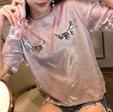 2018 summer new loose eyelashes sequins T-shirt round neck casual short sleeve 2024 - buy cheap